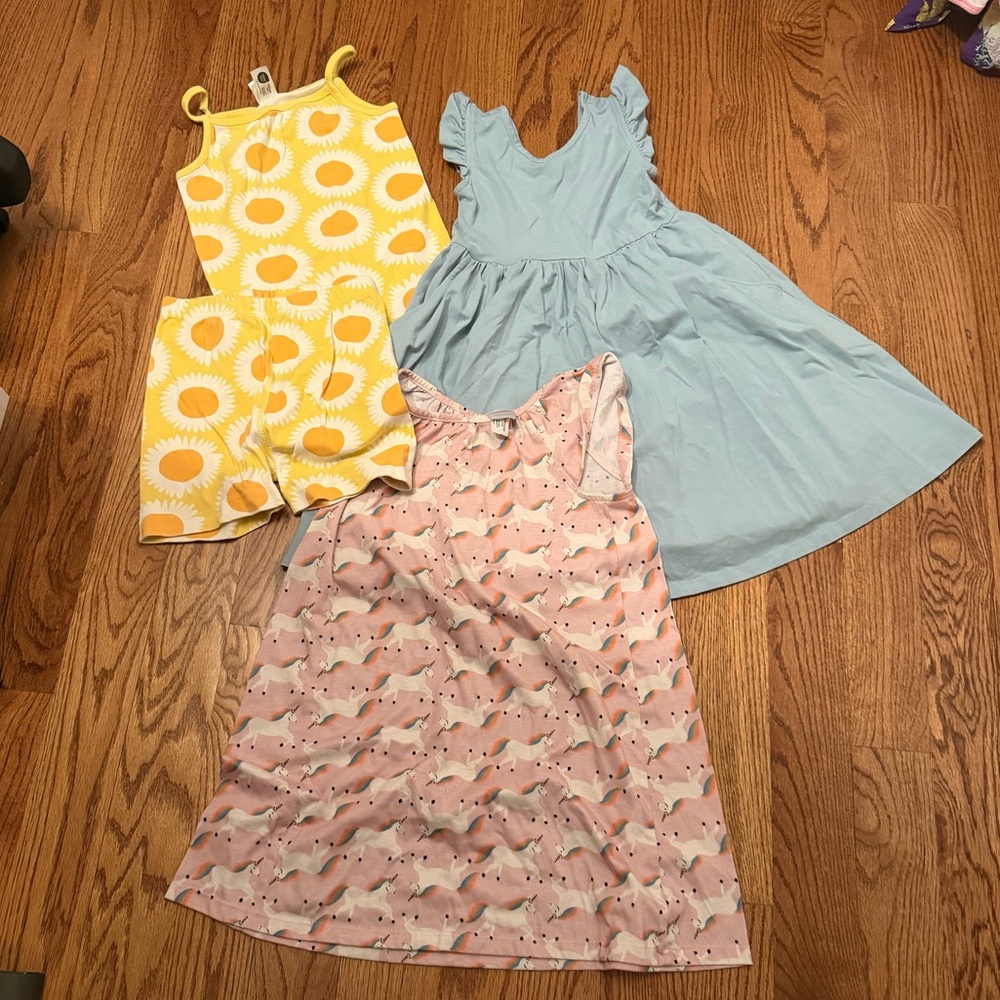 Hanna Andersson Sunflower Yellow, Sky Blue, and Pink Unicorn Dresses